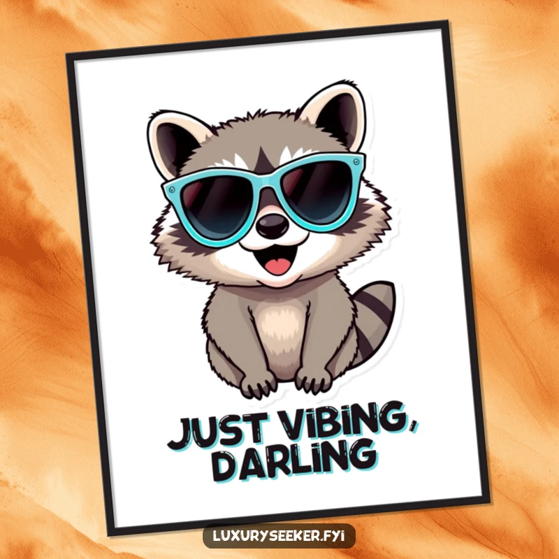 Funny Raccoon Poster depicting a delighted raccoon wearing oversized, glamorous diamond sunglasses, a piece of humorous wall art.