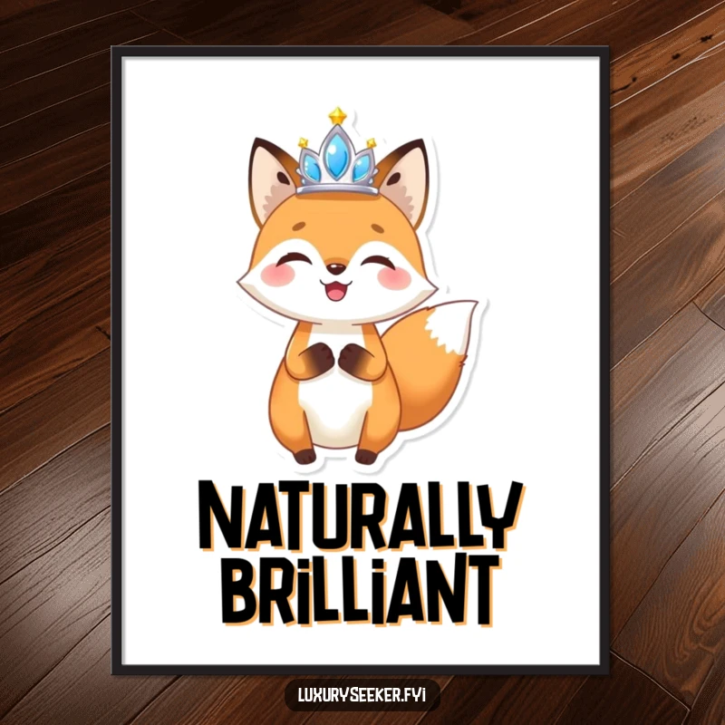 Funny Fox Tiara Poster: Charming artwork of a joyful fox holding a miniature, sparkling tiara aloft, adding whimsical humor to walls.
