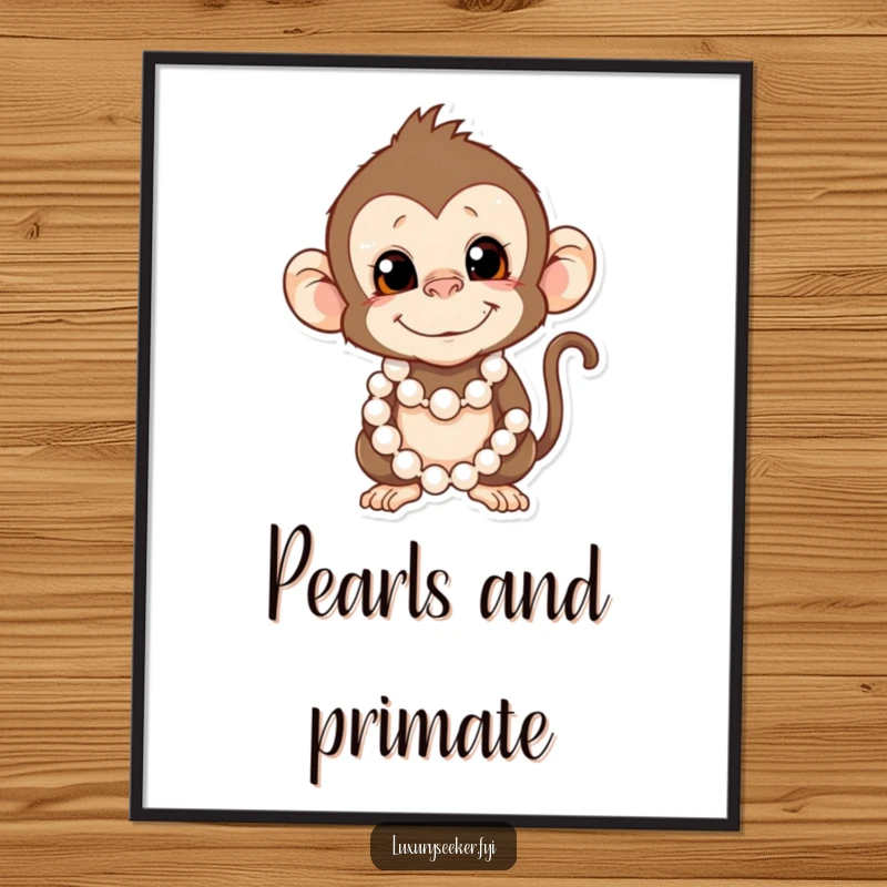 Funny Monkey Poster: A mischievous monkey adorned with pearls poses humorously, creating a delightful piece of wall art.