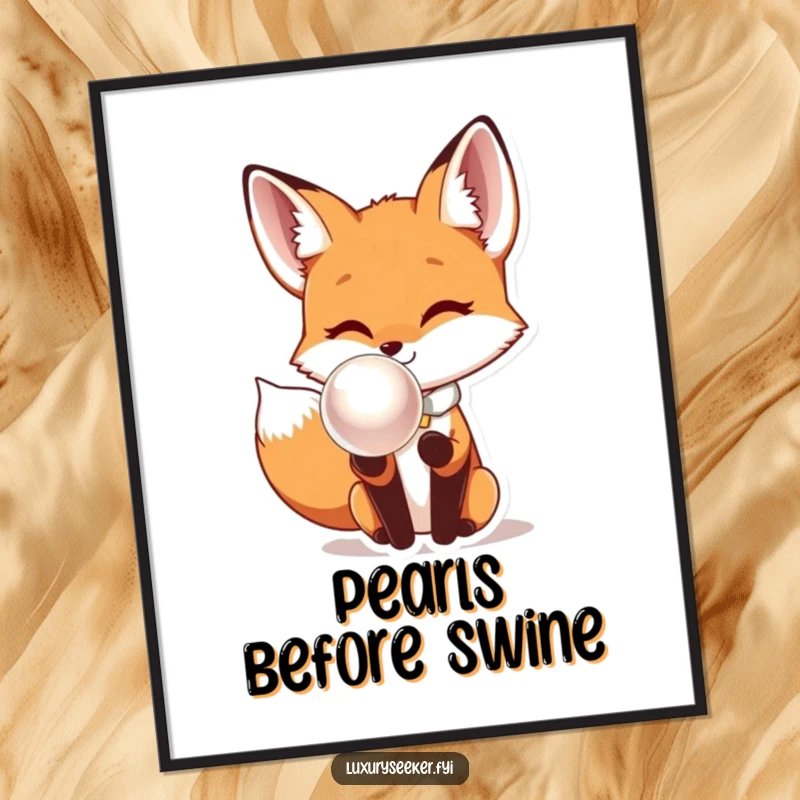 Funny Fox Poster: A curious fox in a silk bow tie examines a huge, gleaming pearl, creating a humorous and elegant wall art.