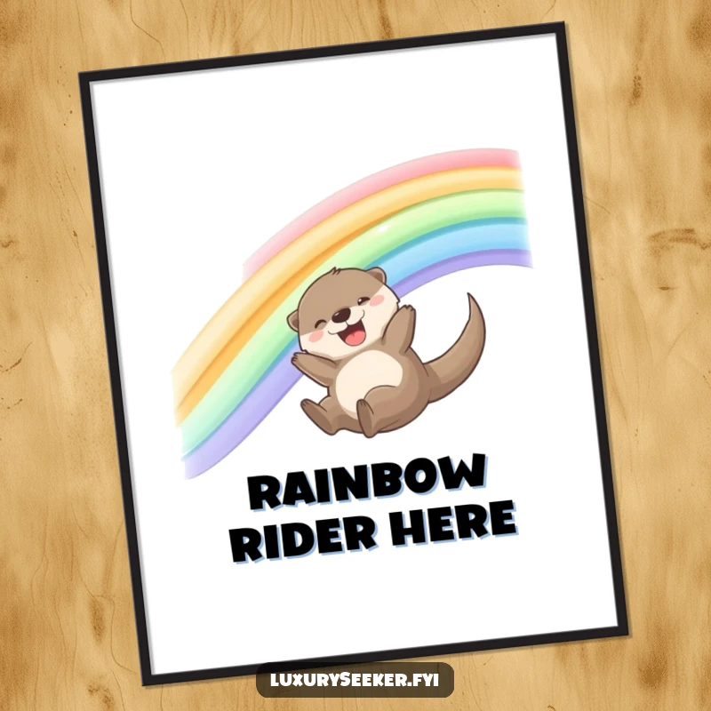 Funny Otter Poster depicting a joyful otter sliding down a rainbow of shimmering silk ribbons, radiating pure happiness and fun.