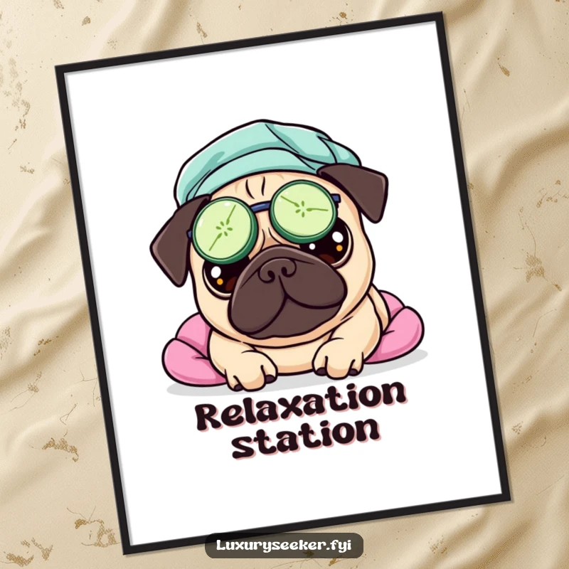 Funny poster art of a pampered pug with cucumber slices over its eyes, looking utterly serene and humorous during a spa treatment.