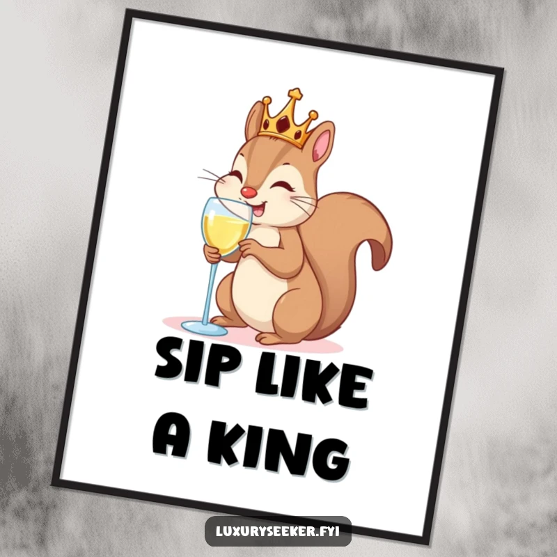 Funny Poster: A happy squirrel in a crown sipping champagne, creating a sophisticated and humorous scene.