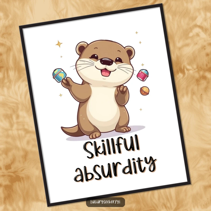 Funny playful otter juggling glittering objects as wall art, showcasing skill and charm, a funny gift.
