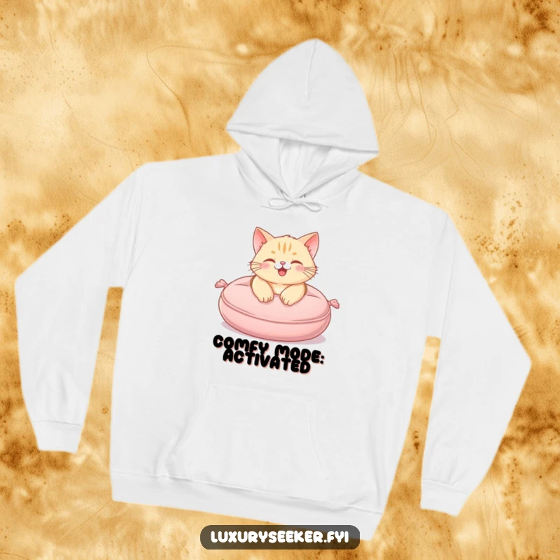 Funny Hoodie featuring a happy cat luxuriating on a plush, miniature velvet cushion, promoting ultimate comfort.