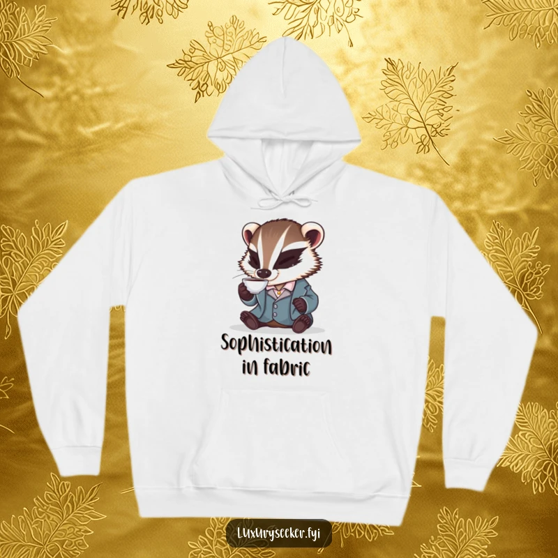 Funny hoodie depicting a badger in a luxurious silk smoking jacket, enjoying a tiny teacup, blending comfort with dapper, humorous vibes.