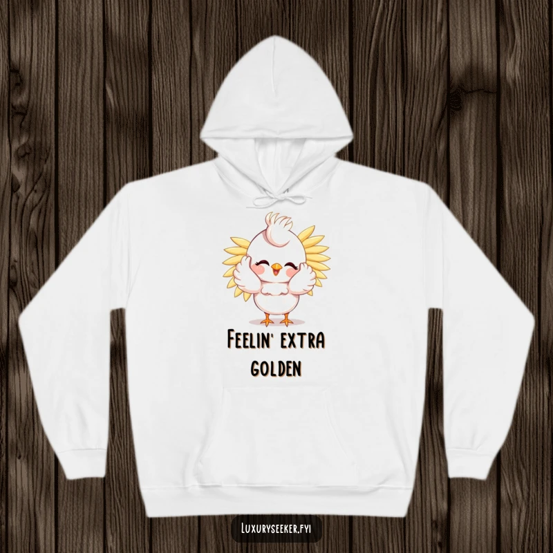 Funny Bird Hoodie: A happy bird preens, scattering golden feathers, bringing a touch of humor and warmth in this comfy sweatshirt.