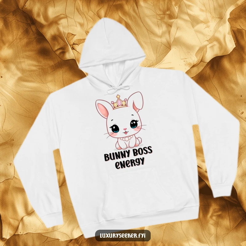 Funny hoodie showcasing a cute bunny character wearing a sparkling tiara and pearl necklace, offering cozy, royal-themed warmth.