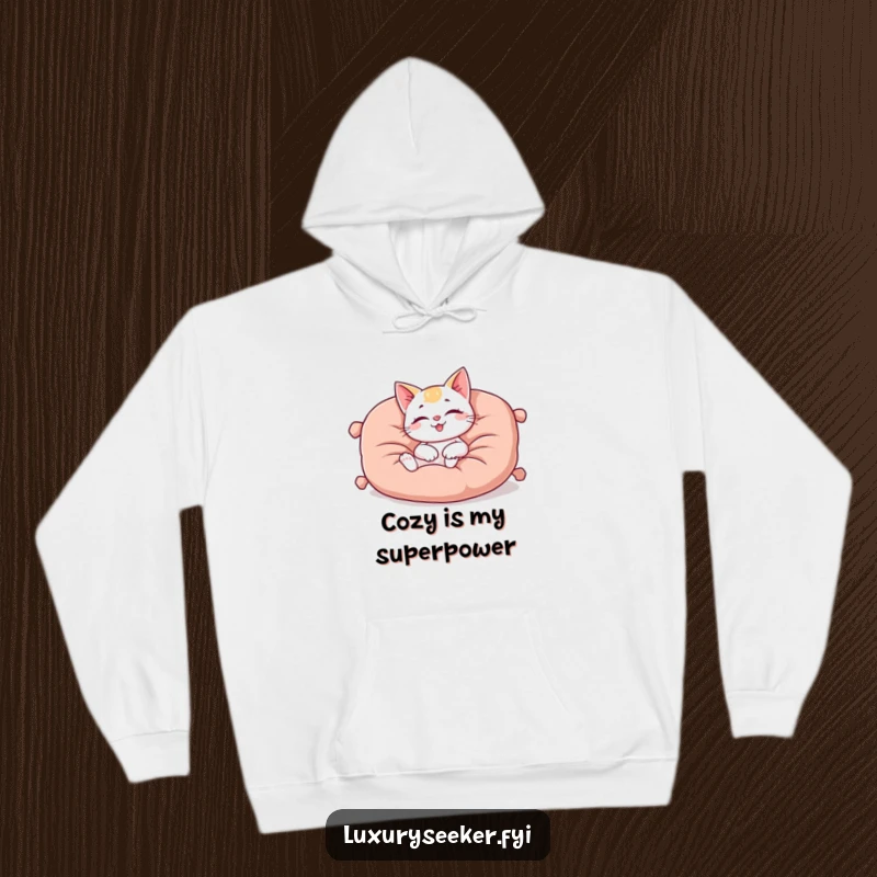 Funny hoodie depicting a happy cat character lounging on a plush, oversized velvet cushion, offering cozy and luxurious comfort.