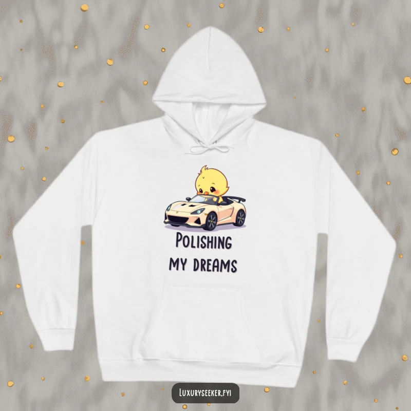 Funny hoodie featuring a sweet chick humorously polishing a tiny, gleaming sports car, offering warmth and automotive-themed amusement.