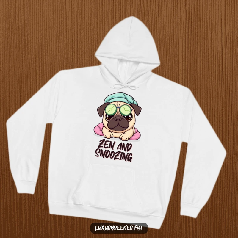Funny, soft hoodie of a pampered pug with cucumber slices over its eyes, enjoying a serene and humorous spa day.