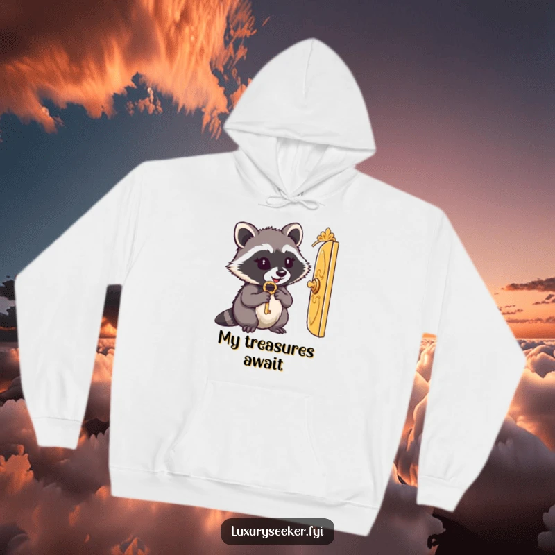 Funny hoodie: A content raccoon holds an ornate key, peering through a small, golden, whimsical door.