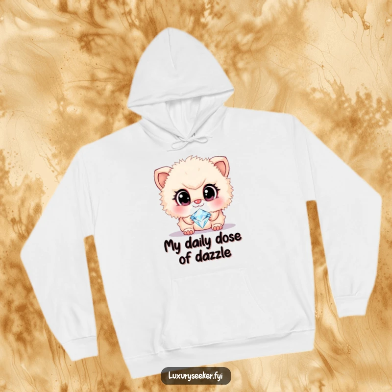 Funny hoodie print of a cute, fluffy creature with large, adoring eyes fixated on a sparkling diamond necklace, embodying desire.