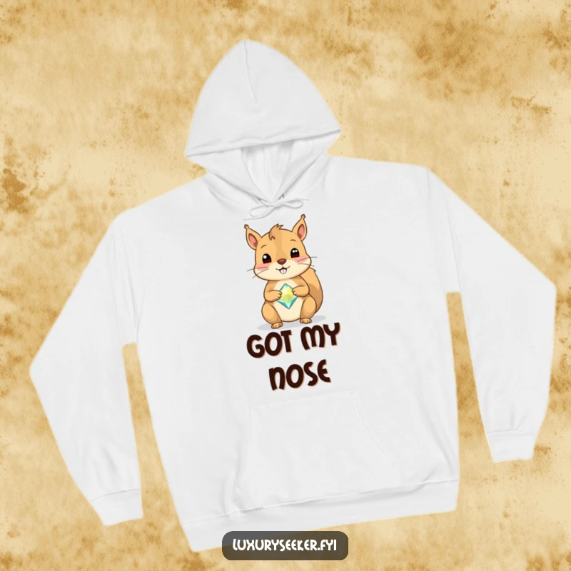Funny Squirrel Hoodie featuring a cheerful squirrel with a single, large, sparkly gemstone balanced precisely on its nose, radiating happiness.