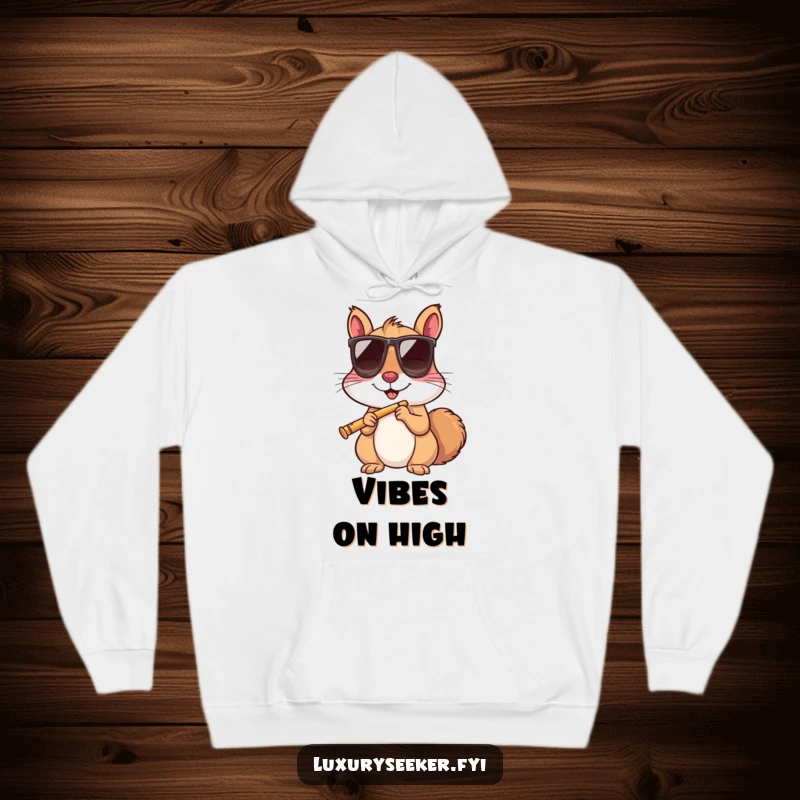 Funny squirrel in sunglasses sips a tiny flute, printed on a soft, warm hoodie for ultimate comfort.