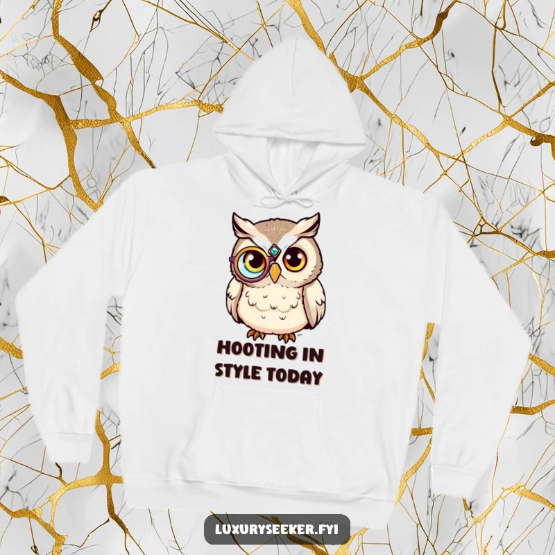Funny Hoodie: A cozy hoodie depicts a content owl wearing a jeweled monocle, looking sophisticated and humorous.