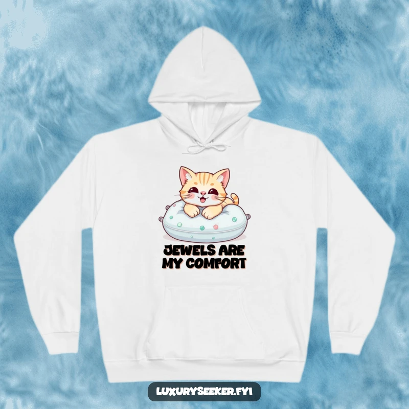 Funny Hoodie: A happy cat enjoying supreme comfort while lounging on a plush pillow covered in precious gemstones.