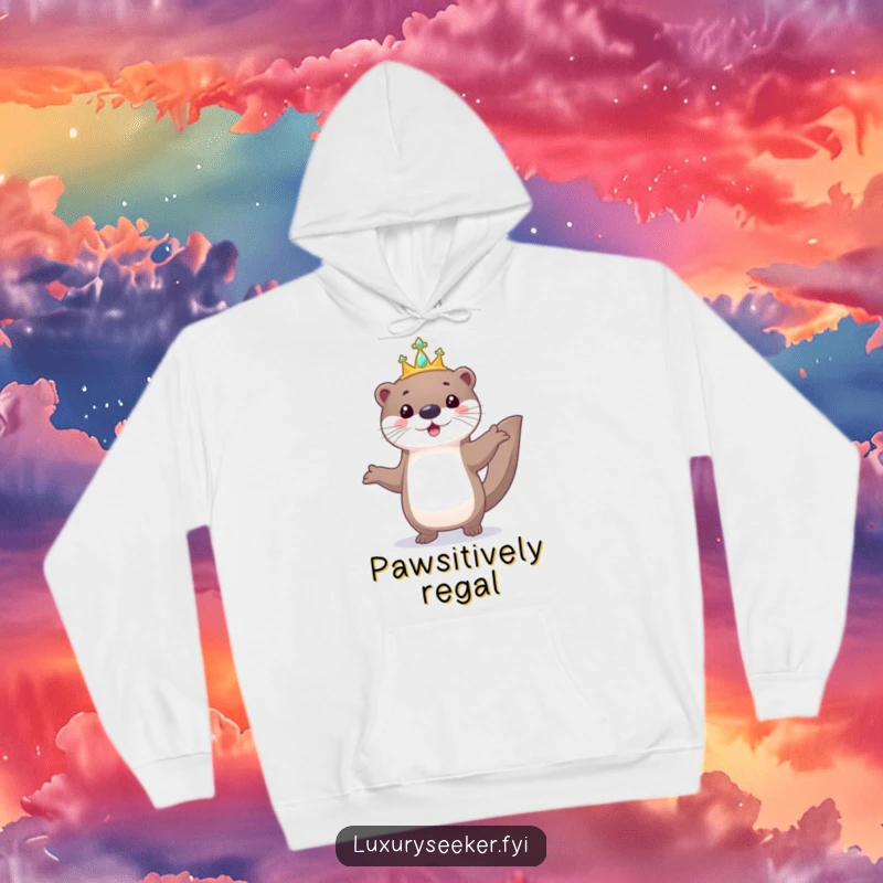 Funny hoodie featuring a playful otter parading elegantly with a tiny, jeweled tiara perched regally on its head.