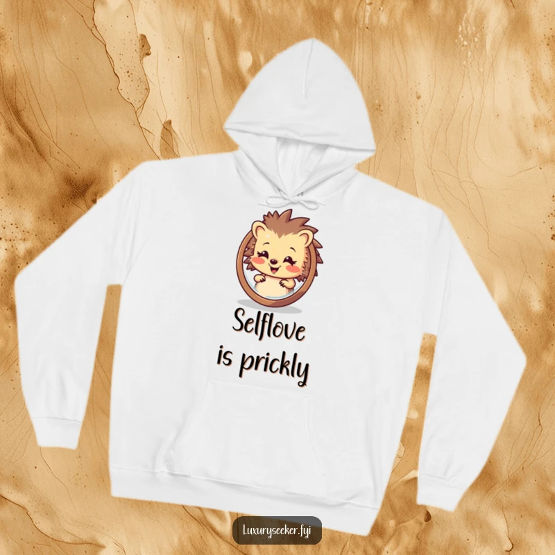 Funny Hedgehog Hoodie: A smiling hedgehog admires its reflection in a polished mirror, exuding confidence and charm in this cozy sweatshirt.