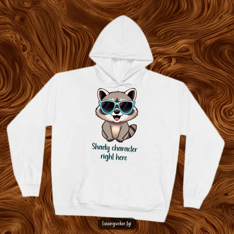 Funny Raccoon Hoodie with a delighted raccoon rocking oversized, flashy diamond sunglasses, perfect for staying warm and looking hip.