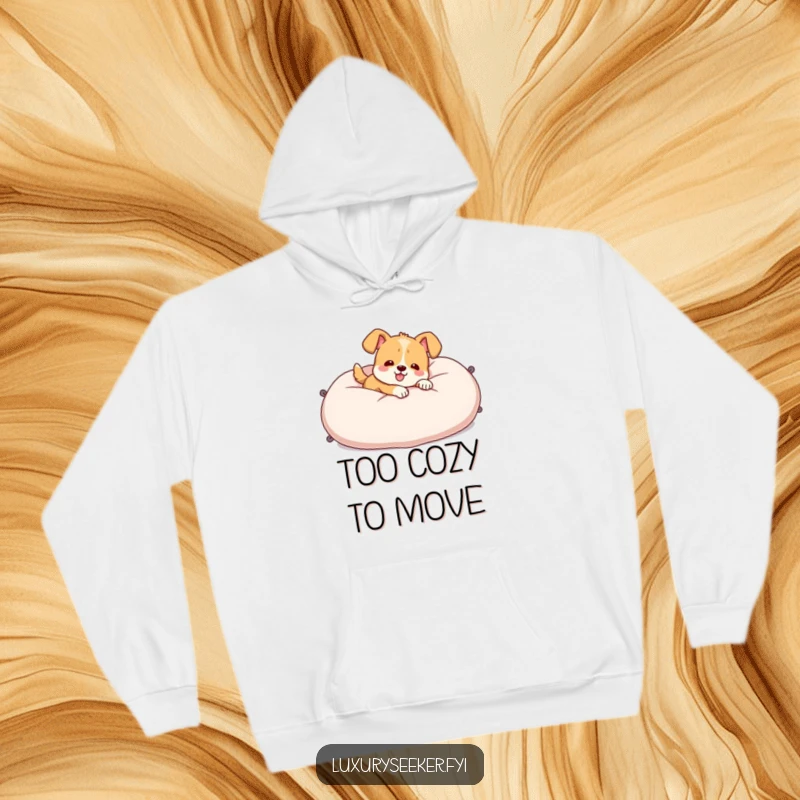 Funny Hoodie featuring a cheerful dog character luxuriating on a giant plush velvet pillow, providing cozy warmth and humorous appeal.