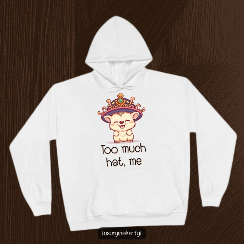 Funny hoodie featuring a playful creature with a mischievous grin wearing a ridiculously large and ornate hat, perfect for casual wear.