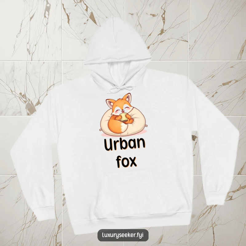 Funny Hoodie: A joyful fox lounges on a plush velvet pillow with a cup, offering supreme coziness and a touch of whimsical relaxation.
