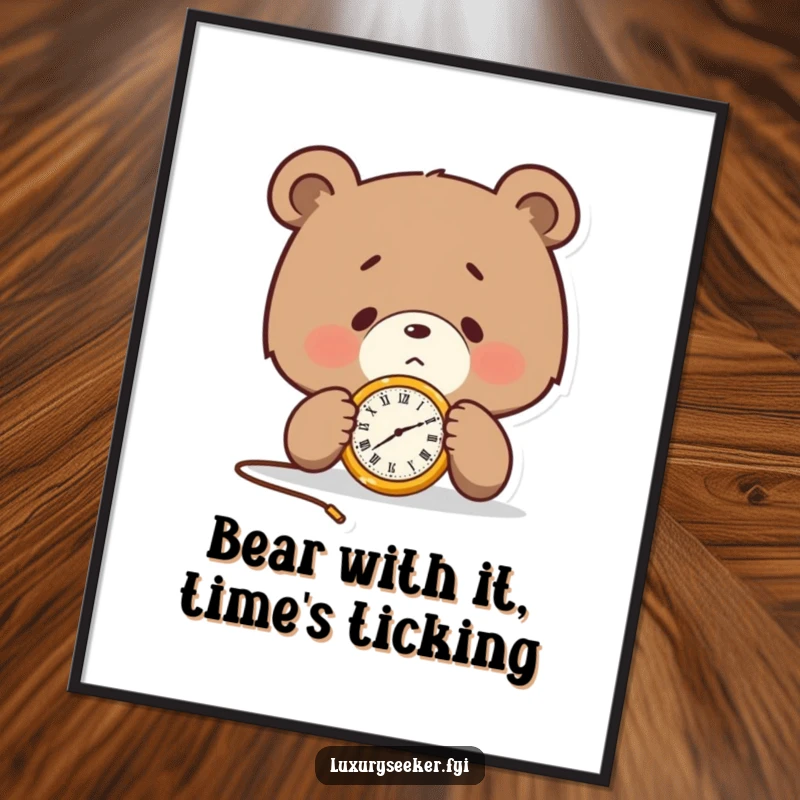 Funny Free Printable Wall Art: Determined bear character intently examining a small, gleaming golden pocket watch, with a focused expression.