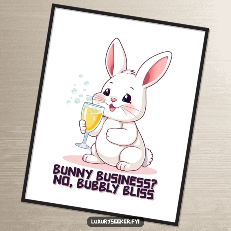 Funny Free Printable Wall Art: A playful bunny holding a tiny champagne flute with overflowing bubbles, bringing celebratory humor.