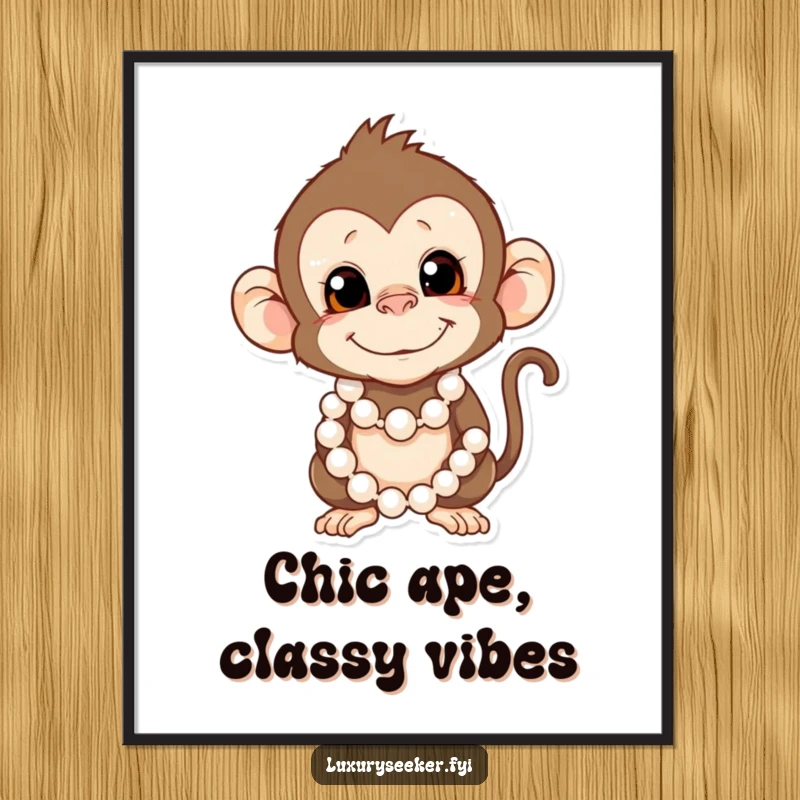 Funny Free Printable Monkey Wall Art: A mischievous monkey wearing a fancy string of pearls, looking quite regal and silly.
