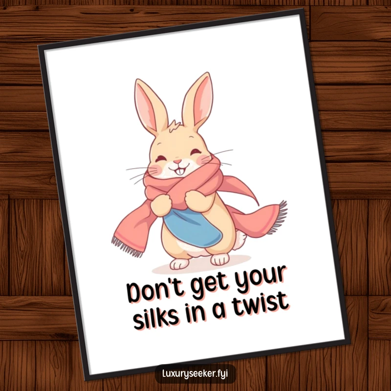 Funny free printable wall art of a delighted rabbit luxuriously draped in a long, flowing, colorful silk scarf.