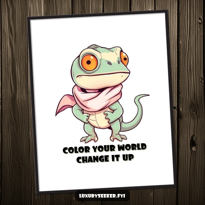 Funny Free Printable Wall Art showcasing a confident chameleon wearing a flowing silk scarf, adding a pop of color and sass to home decor.