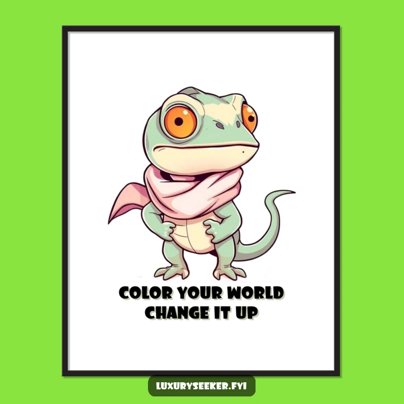 Free Printable Wall Art: Confident Chameleon in Silk Scarf, Humorous Downloadable Home Decor