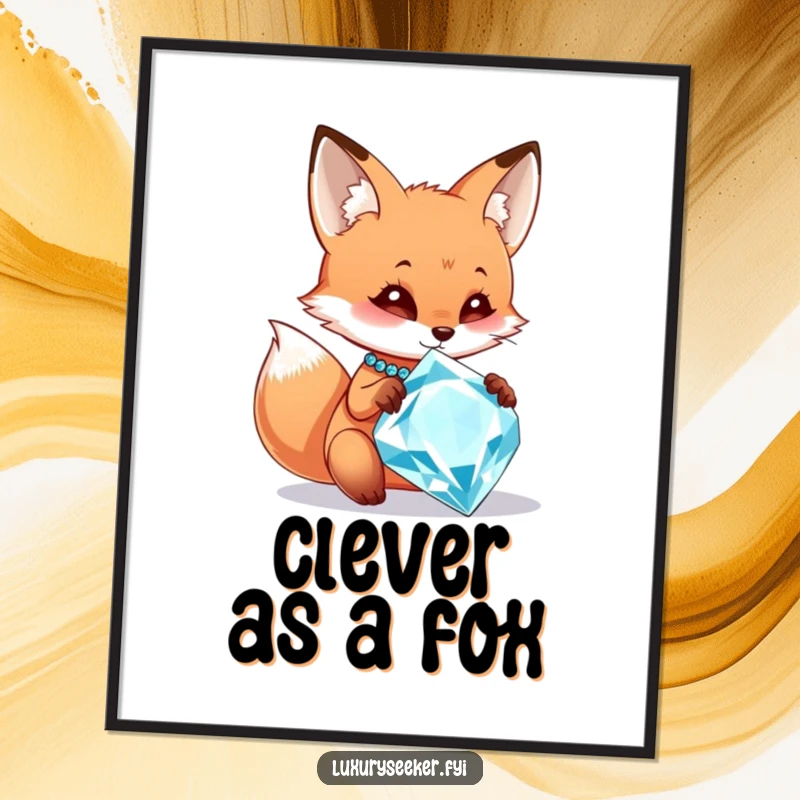 Funny Free Printable Wall Art of a curious fox mesmerized by a gigantic sparkling diamond necklace.