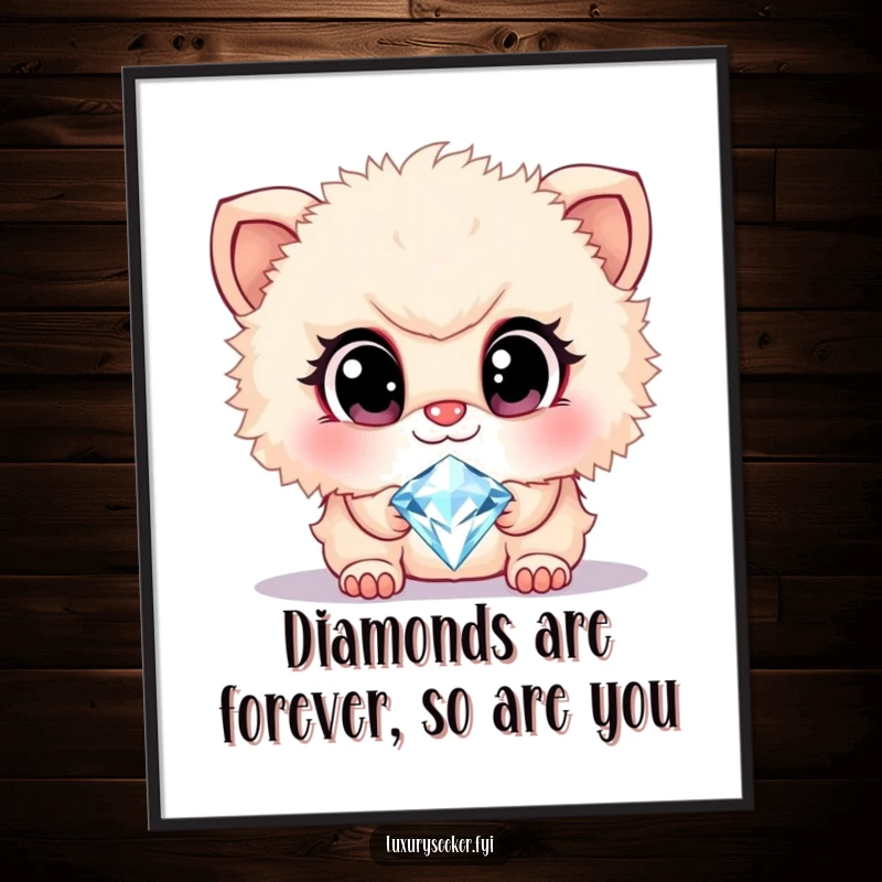 Funny Free Printable Wall Art: Cute fluffy creature with large, admiring eyes fixated on a brilliantly sparkling diamond necklace.