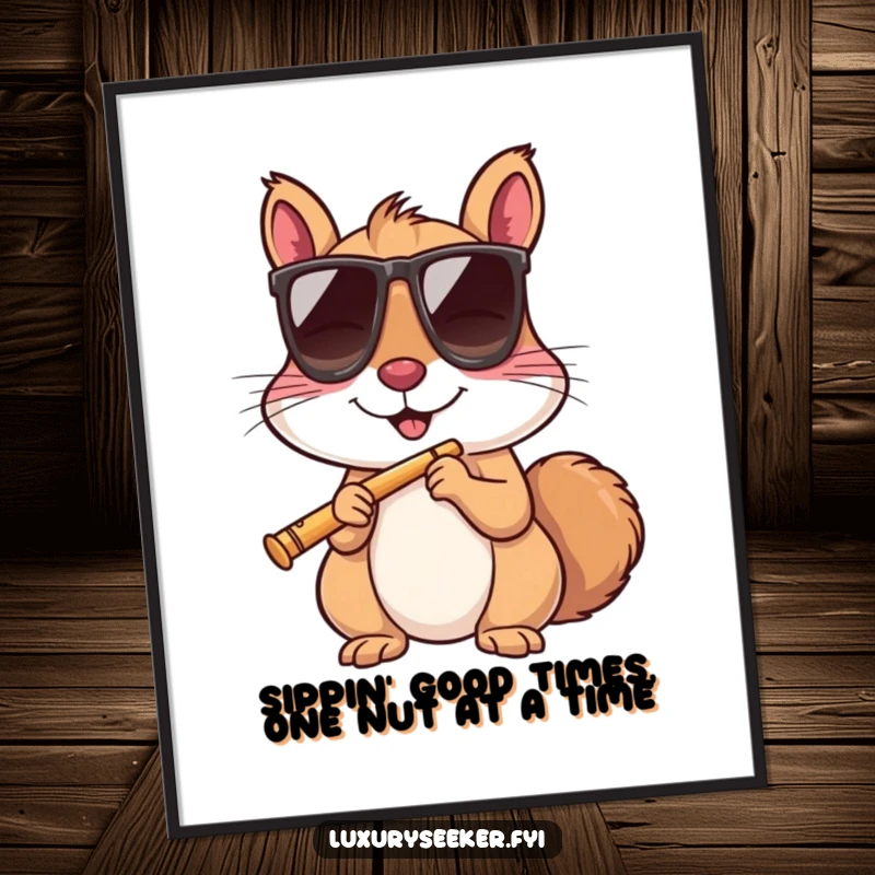 Funny Free Printable Wall Art: A cheerful squirrel wearing sunglasses sips from a tiny flute, exuding cool party vibes.