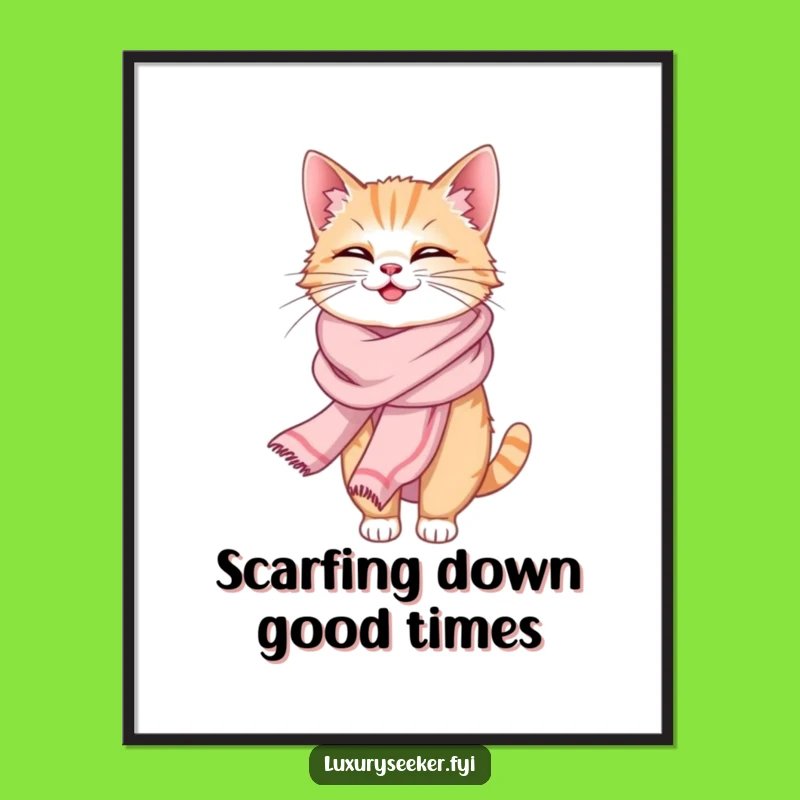 Free Printable Wall Art: Giggling Cat in Silk Scarf, Funny Downloadable Home Decor