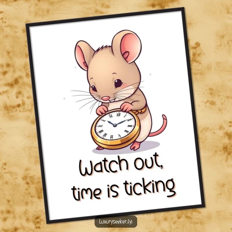 Funny Free Printable Wall Art: A content mouse gazing with wonder at a miniature, exquisitely detailed pocket watch, celebrating precious moments.
