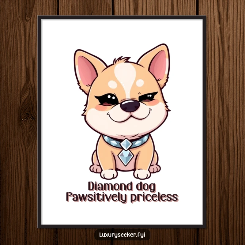 Funny Free Printable Wall Art featuring a giggling dog adorned with a diamond collar, giving a sly wink for a touch of glamour.