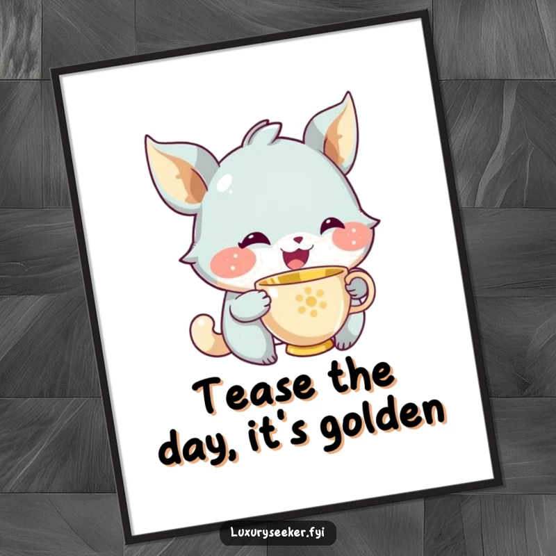 Funny Free Printable Wall Art: Joyful creature with a knowing smile elegantly sipping from a tiny golden teacup.