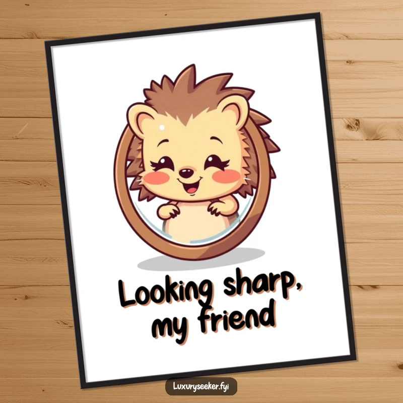 Funny Free Printable Hedgehog Wall Art: A happy hedgehog gazing lovingly at his reflection in a shiny mirror.