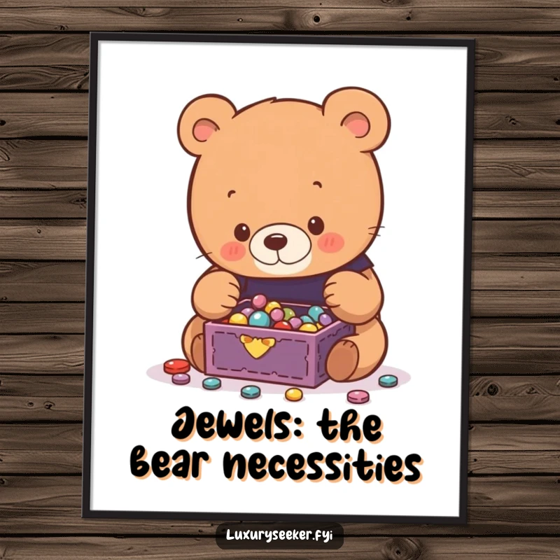 Funny Free Printable Wall Art: A curious bear with wide eyes admiring a small, treasure-filled jewelry box, full of wonder.
