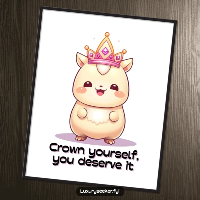 Funny Free Printable Wall Art: Gleaming creature with a proud smile admires a tiny, intensely sparkling crown, exuding regality.