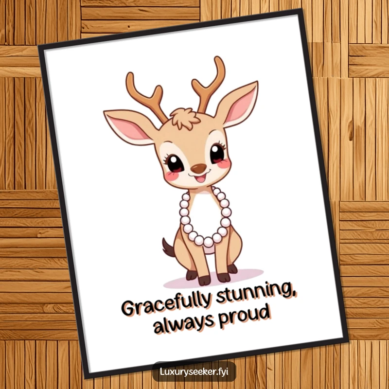 Funny Free Printable Wall Art: A joyful deer strikes a graceful pose, adorned with a long pearl necklace, exuding charm.