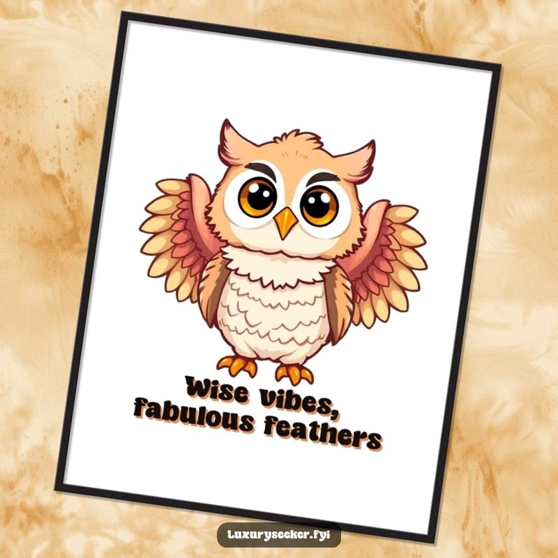 Funny Free Printable Wall Art: Joyful owl character humorously styled with multiple elegant, fluffy feathered boas, looking chic.