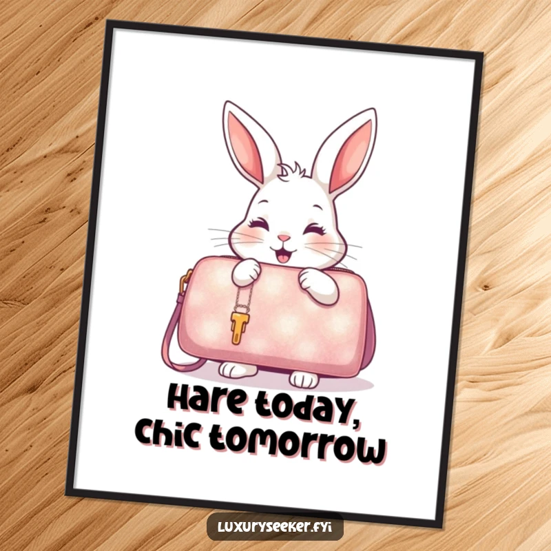 Funny Free Printable Wall Art: Delighted rabbit examining a shimmering oversized handbag, adding whimsical decor.