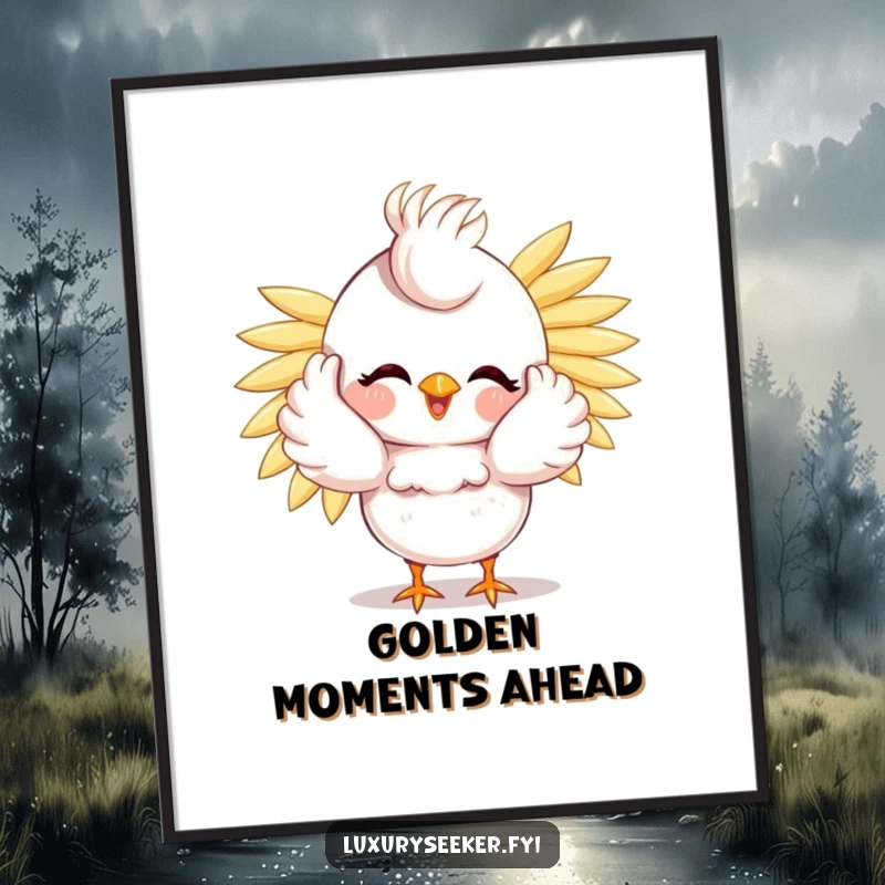 Funny Free Printable Bird Wall Art: A magnificent bird preening, its body covered in a breathtaking cascade of golden feathers.