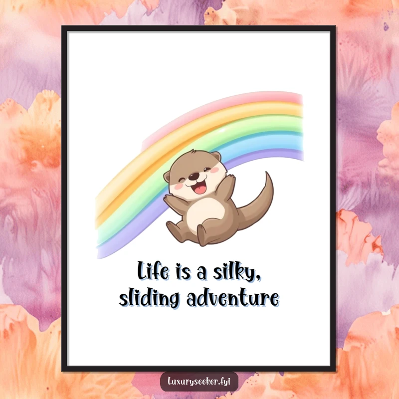 Funny Free Printable Wall Art: A happy otter joyfully sliding down a vibrant rainbow made of shimmering silk ribbons, full of glee.