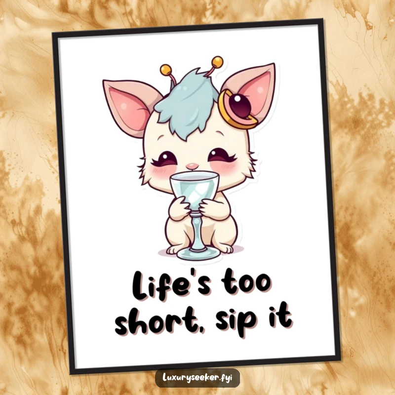 Funny Free Printable Wall Art: Whimsical creature with a distinct accessory delicately sips from a tiny, shimmering crystal goblet.