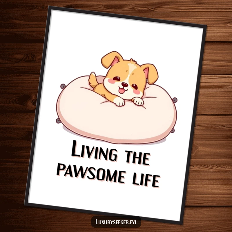 Funny Free Printable Wall Art: Cheerful dog lounging in pure bliss on a massive velvet pillow. Downloadable art.